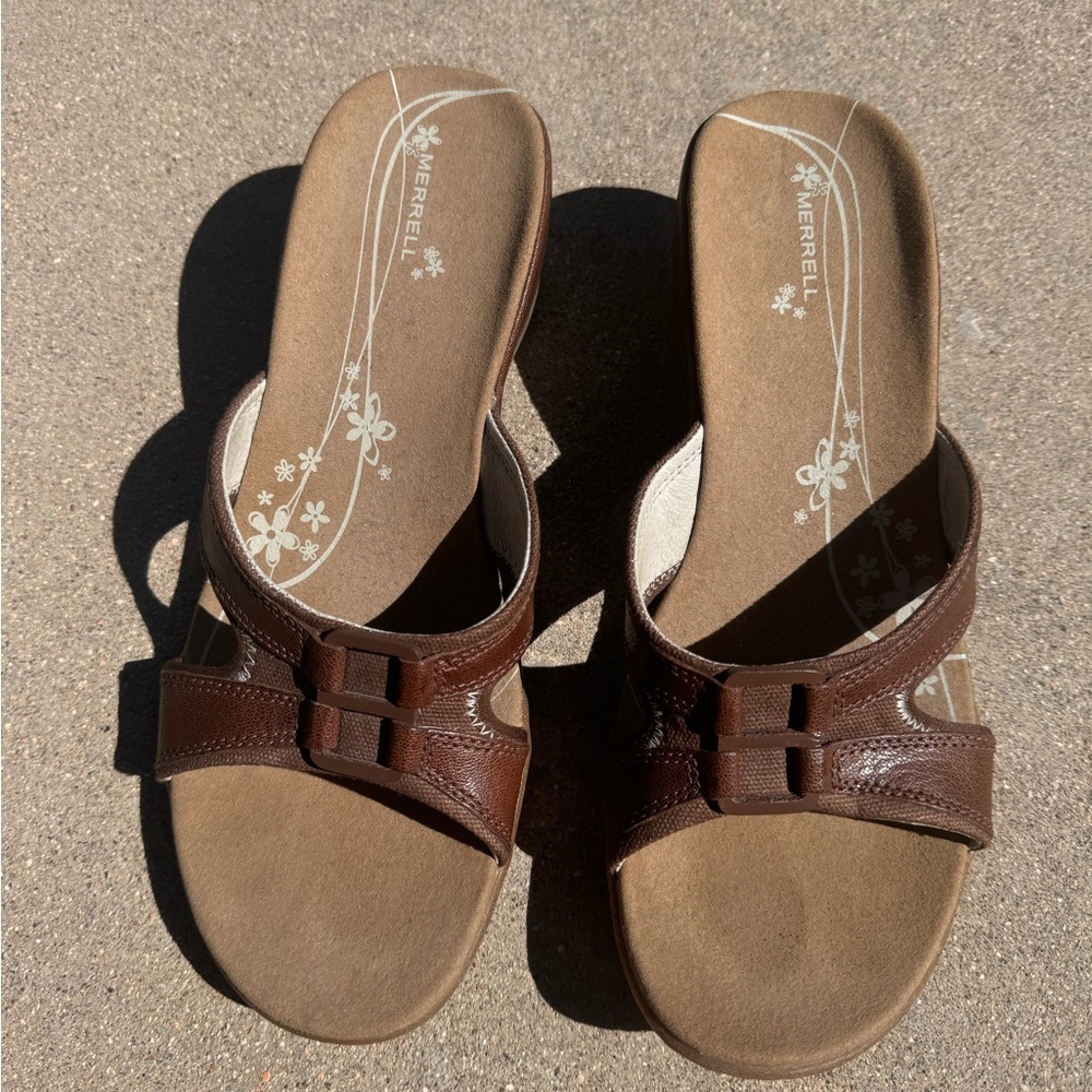 Merrell wedge slide sandals leather